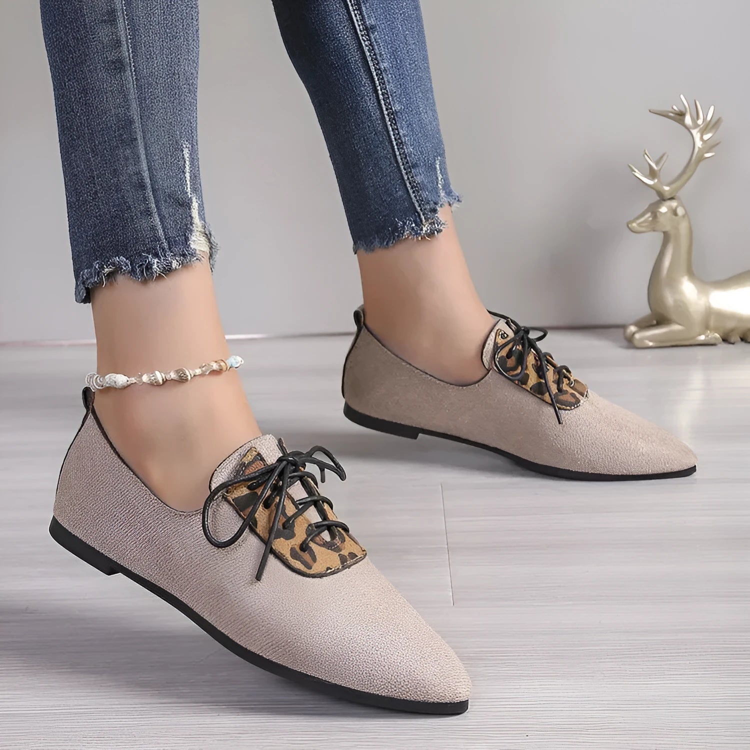 Beige leopard print pointed toe court shoes with artificial PU upper and rubber sole