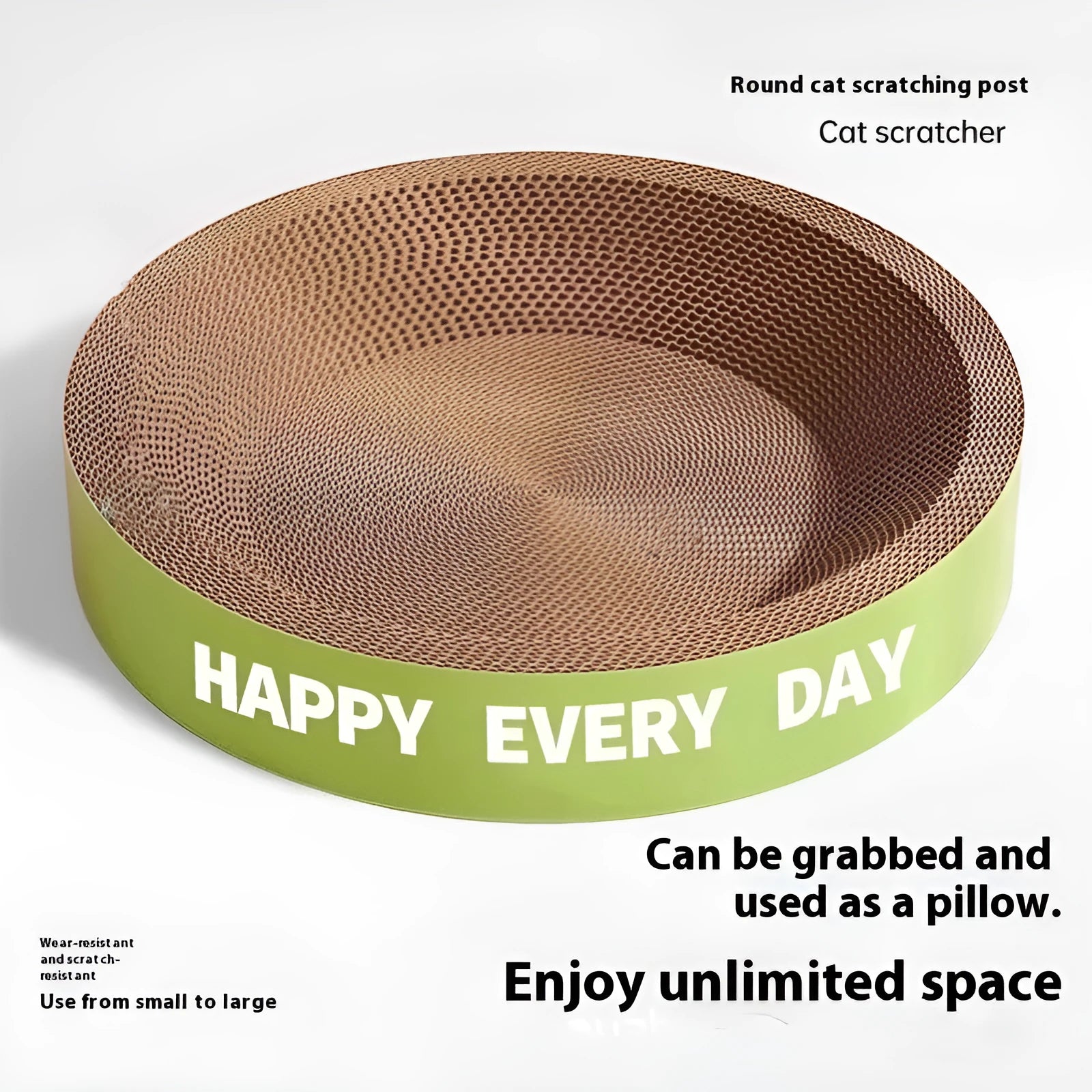 A green, round cat scratching board nest, shown in two size options: 50cm and 55cm diameter.