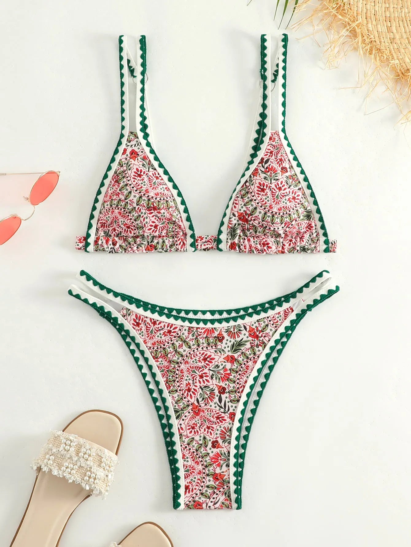 Women's printed split bikini swimsuit floral pattern quick-dry backless briefs for swimming wading