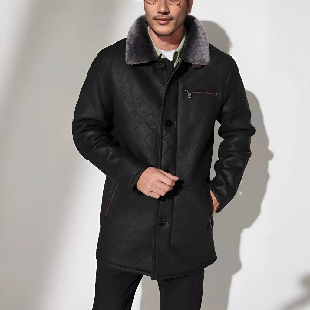 Quilted fur coat in black with button front and long length, British style, polyester lining