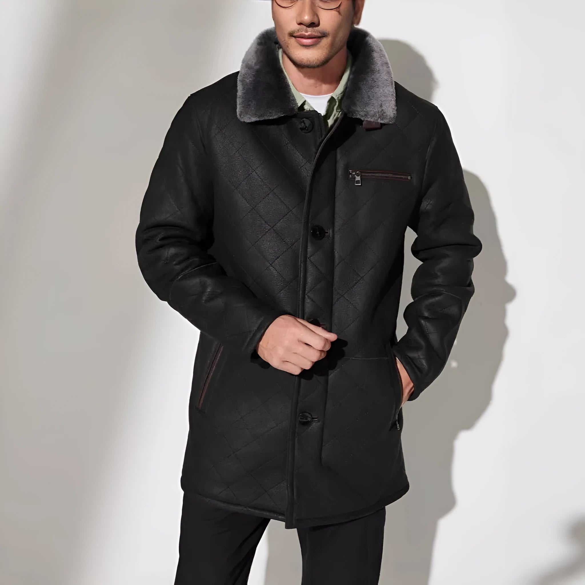 Quilted fur coat in black with button front and long length, British style, polyester lining