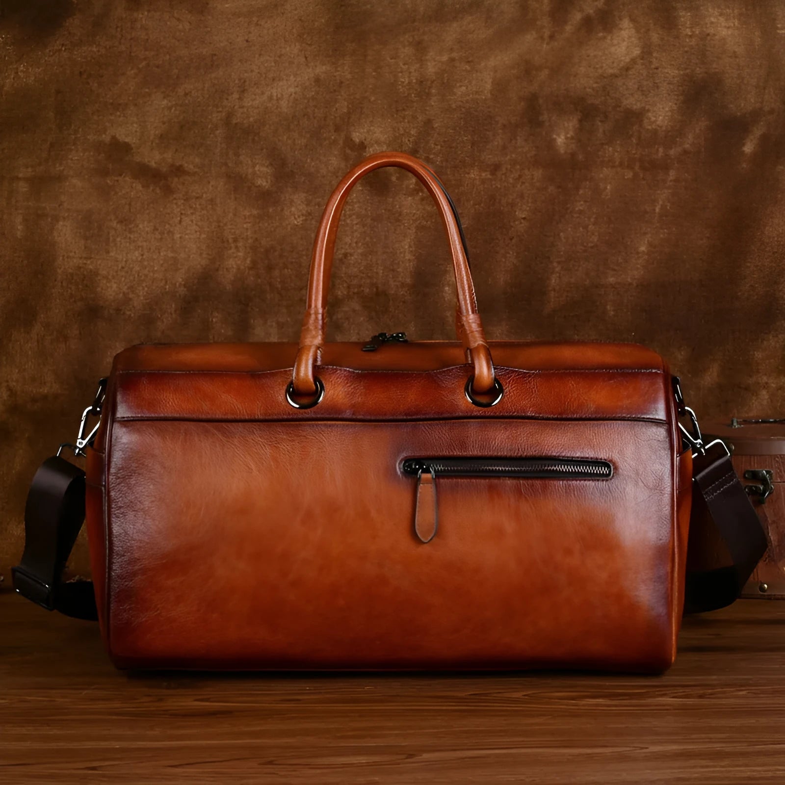 Handmade retro leather bag in vintage brown with large capacity.