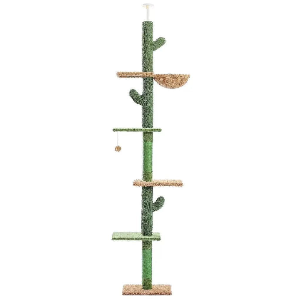Tall solid wood cat tree with scratching posts, platforms, an enclosed cat nest, and a hanging toy.