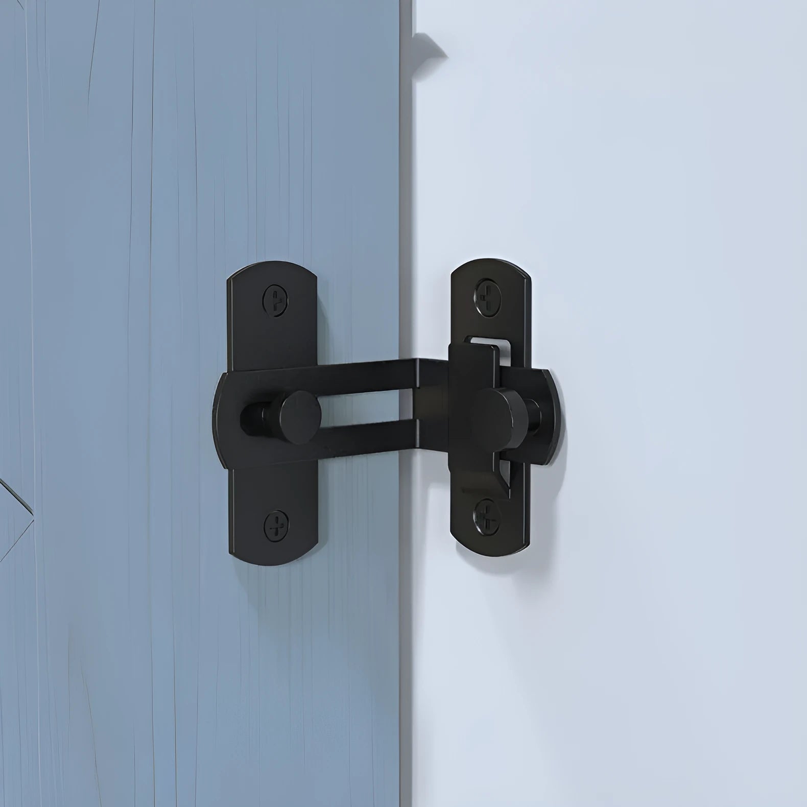 Black carbon steel and stainless steel 90-degree warehouse hook lock with flat shackle for sliding doors.