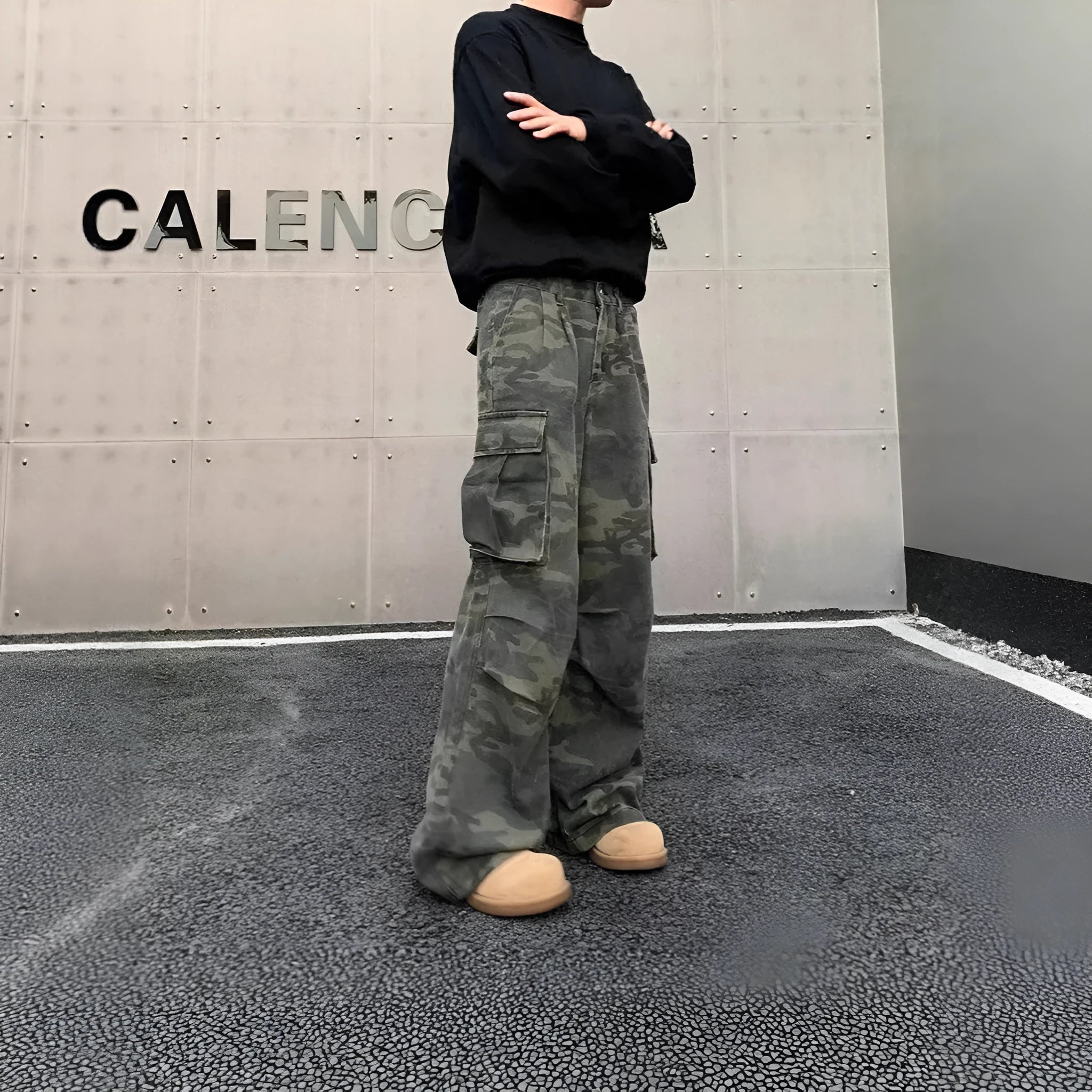 Men's cotton blend cargo trousers with multiple pockets in washed camouflage pattern