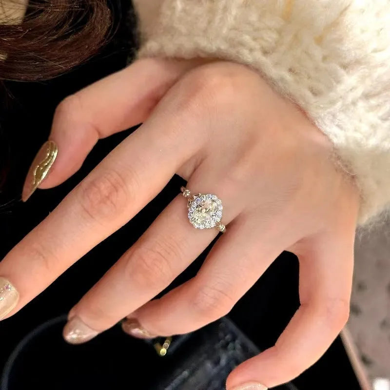 Geometric ellipse diamond ring with adjustable opening in silver finish