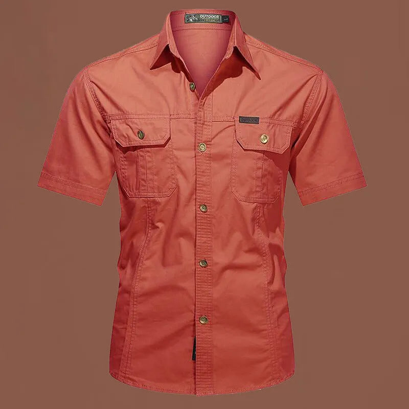Men's loose fit cotton short sleeve work shirt in army green with non-iron treatment