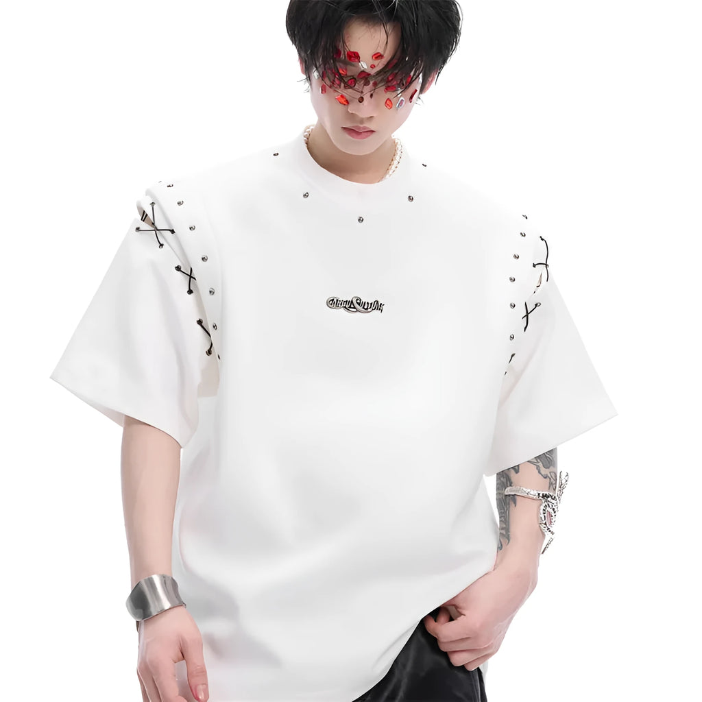 Black niche deconstruction short sleeve T-shirt with lace-up cutout design detail