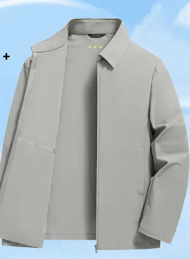 Lightweight navy blue summer business coat with SPF protection on a hanger, showing regular fit.