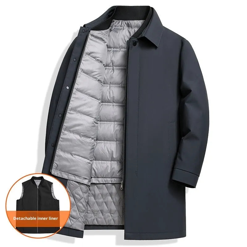 Men's mid-length white duck down jacket in black, thick polyester lining, non-iron, size M to 4XL