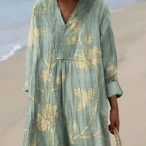 Floral 3D printed casual shirt dress with princess silhouette and wide waist