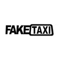 Set of three FAKE TAXI car warning stickers in yellow, black, and white, each 20cm by 8cm.