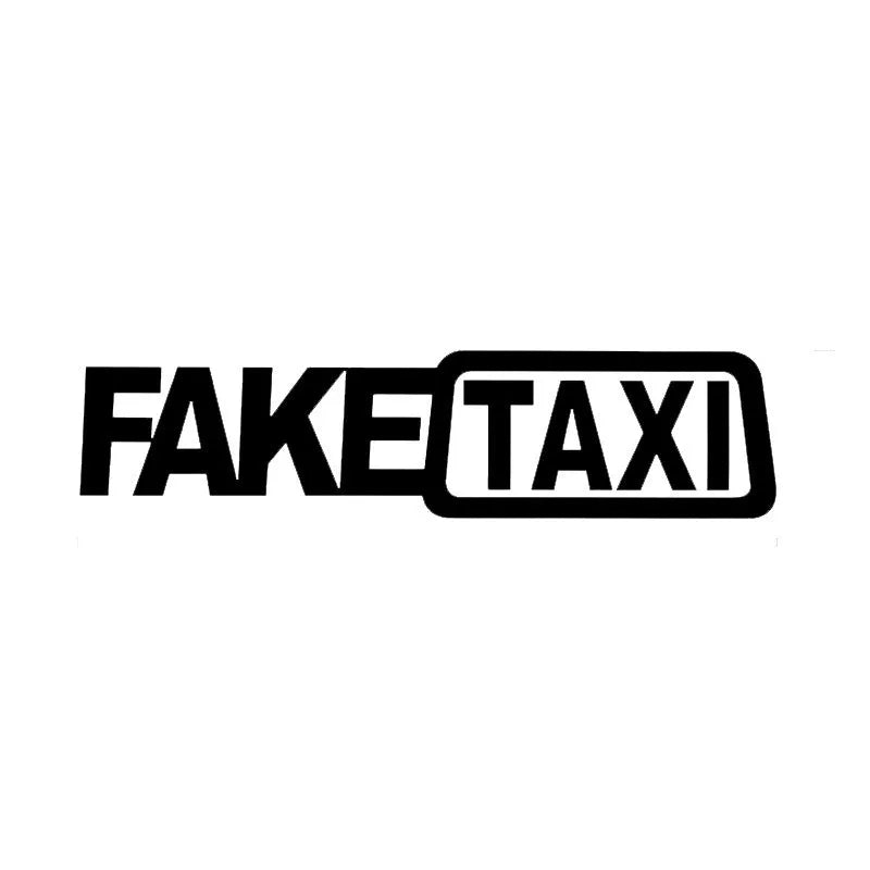 Set of three FAKE TAXI car warning stickers in yellow, black, and white, each 20cm by 8cm.