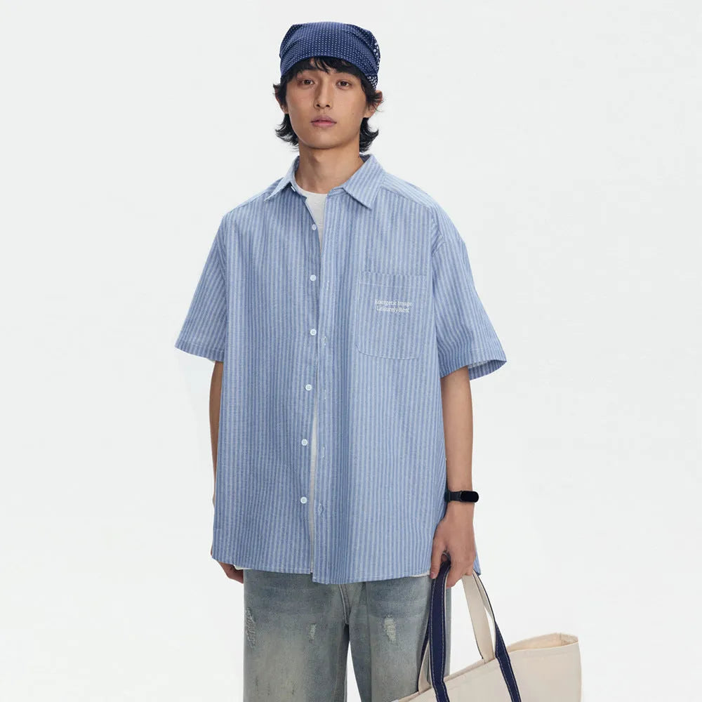 Blue striped short-sleeved overalls shirt cardigan loose fit on hanger
