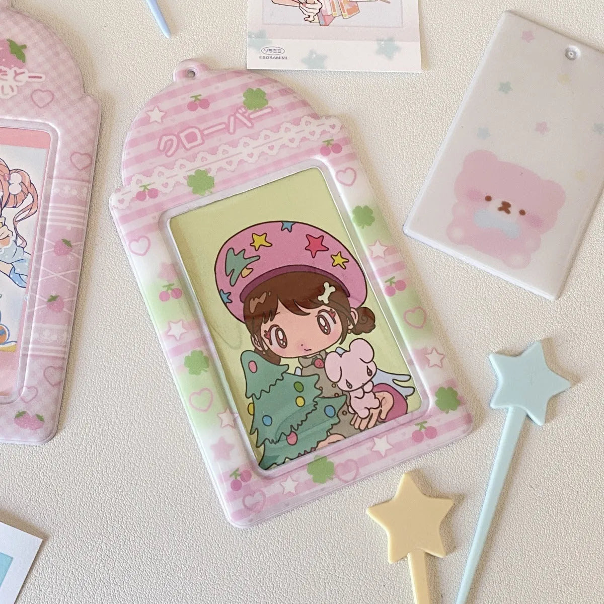 Cartoon strawberry or four-leaf clover PVC meal card holder pendant with clear card sleeve