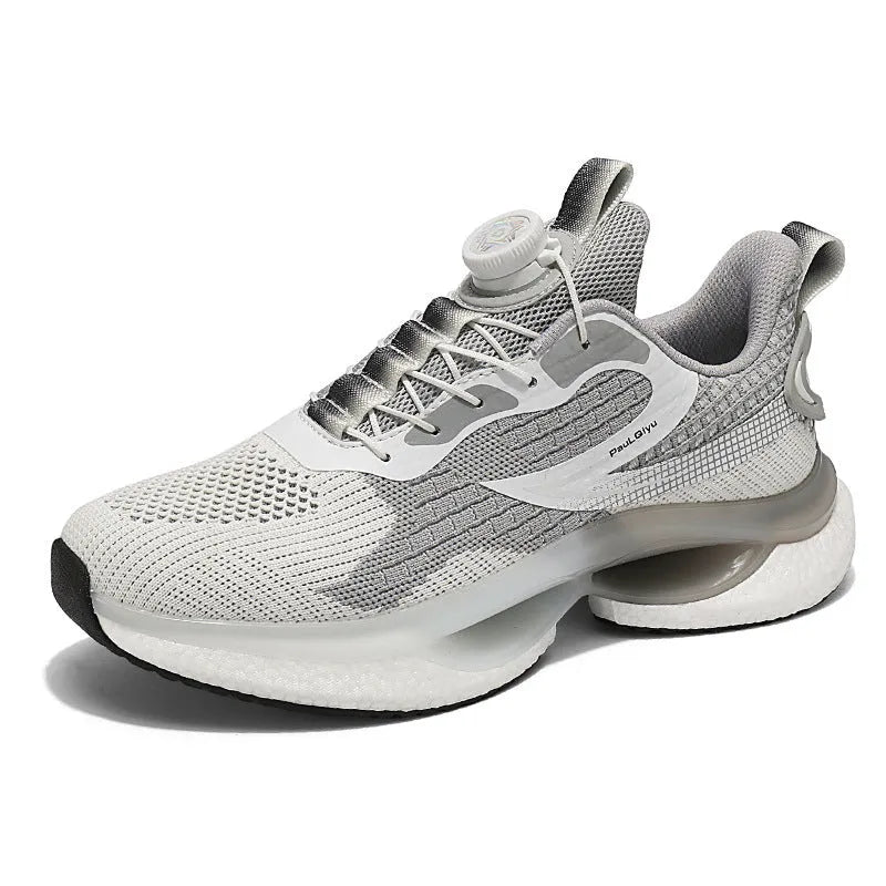 Rotating button buckle running shoes in solid colour with fly-knit mesh upper and TPU sole