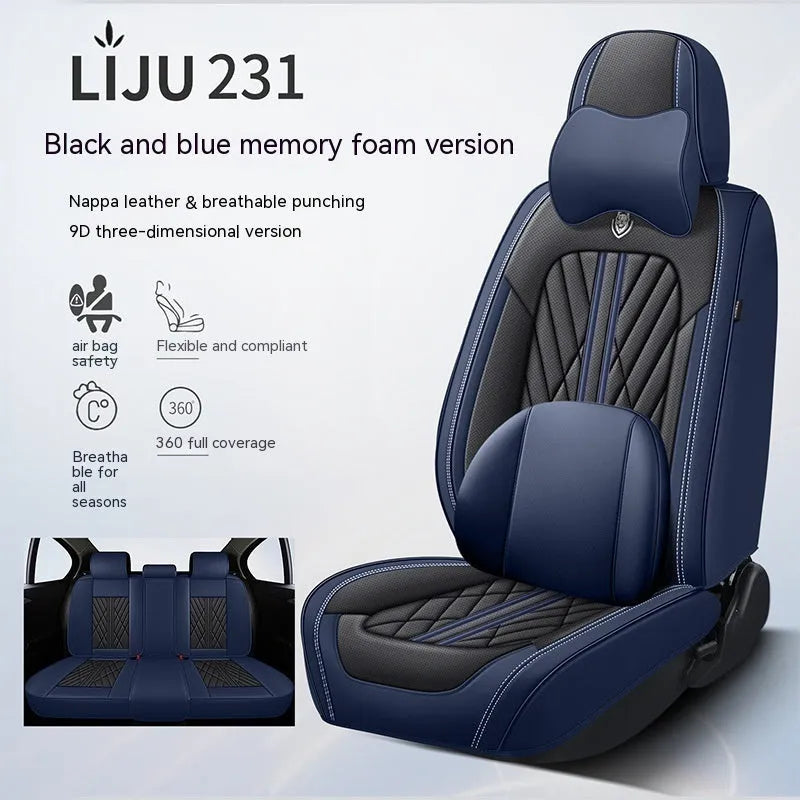 Five-piece leather car seat cushion set in various colour options with hemmed edge detailing