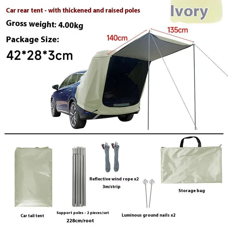 Outdoor camping rear tent extension in army green with jackstay and reflective wind rope for roof-mounted shelter