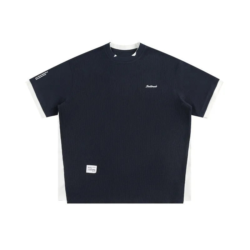 Retro alphabet embroidered loose waffle T-shirt in navy blue, white flower grey, or yellow colours