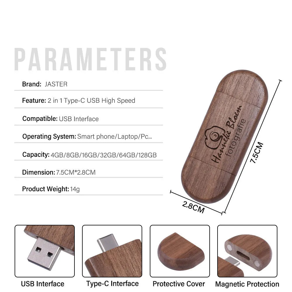 Maple wood carved USB flash drive with Type-C phone connector showing custom engraving