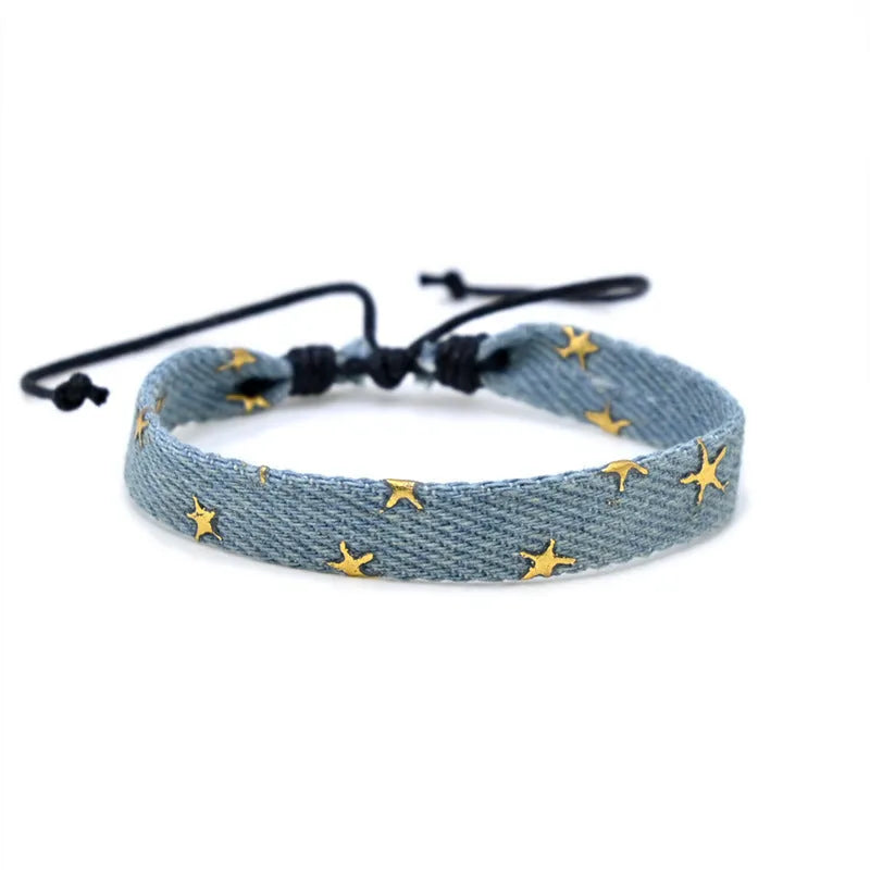 Denim fabric bracelet strap with leather adjustable cord in multiple colour options