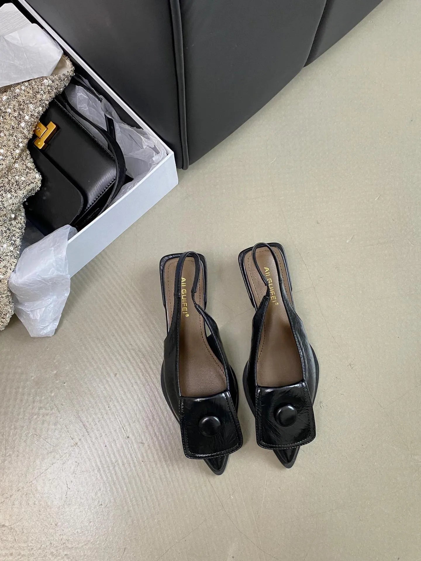 Women's low heel closed toe sandals with pointed toe and back ankle strap in four colour options