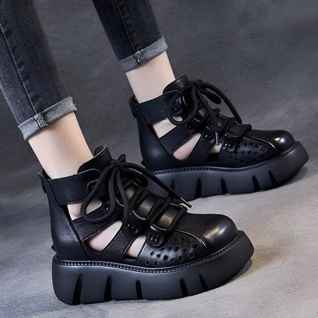 Women's black hollow hole platform sandals with fish mouth toe holder and PU sole