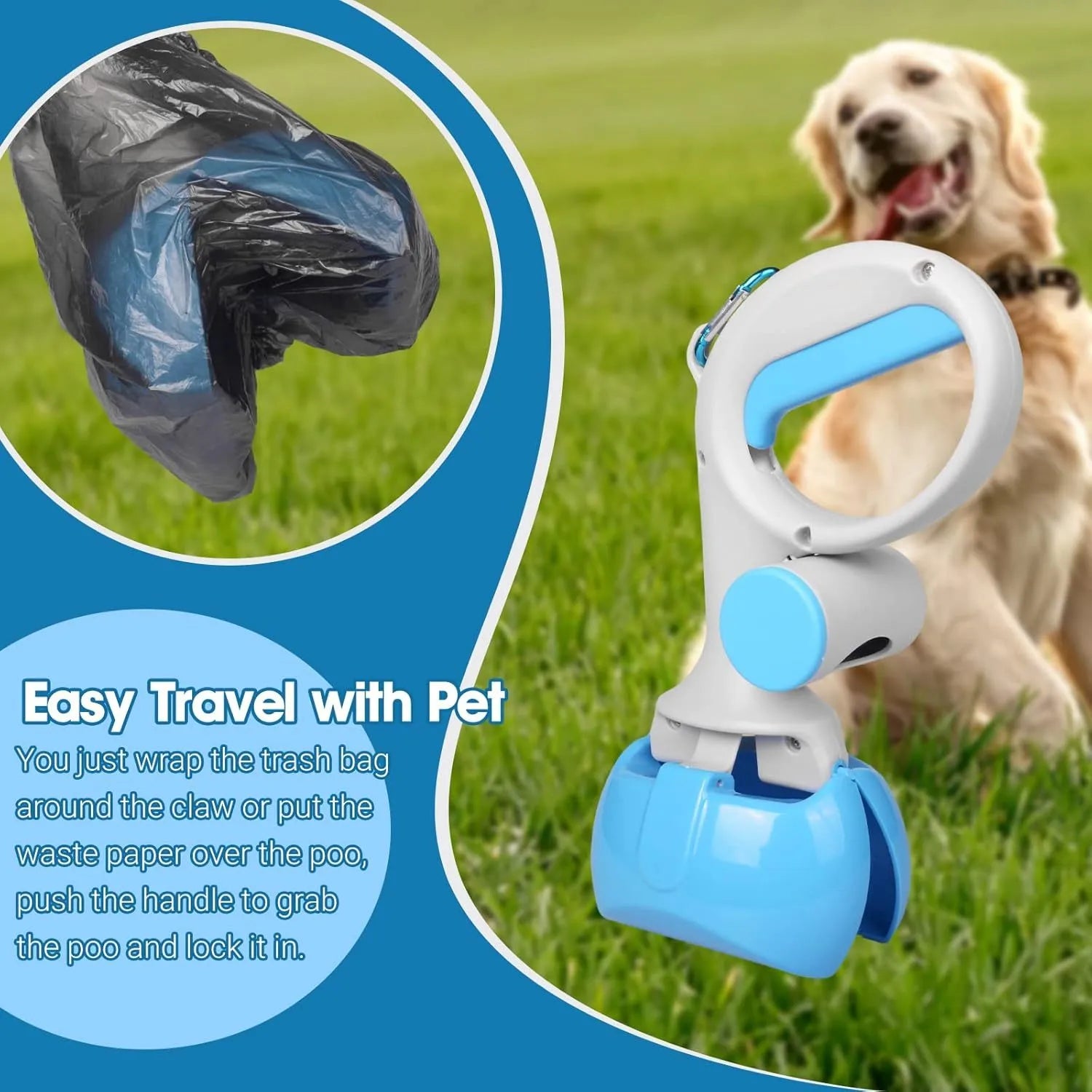 Heavy-duty ABS plastic pet pooper scooper with built-in trash bag holder and top carrying hook.