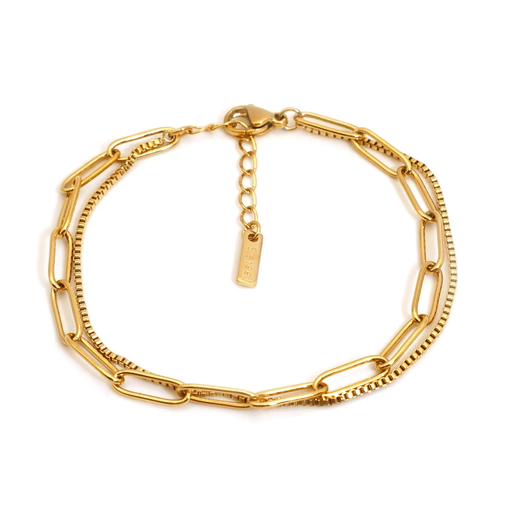 Geometric women's bracelet with double layer twin titanium steel design and electroplated gold or silver finish