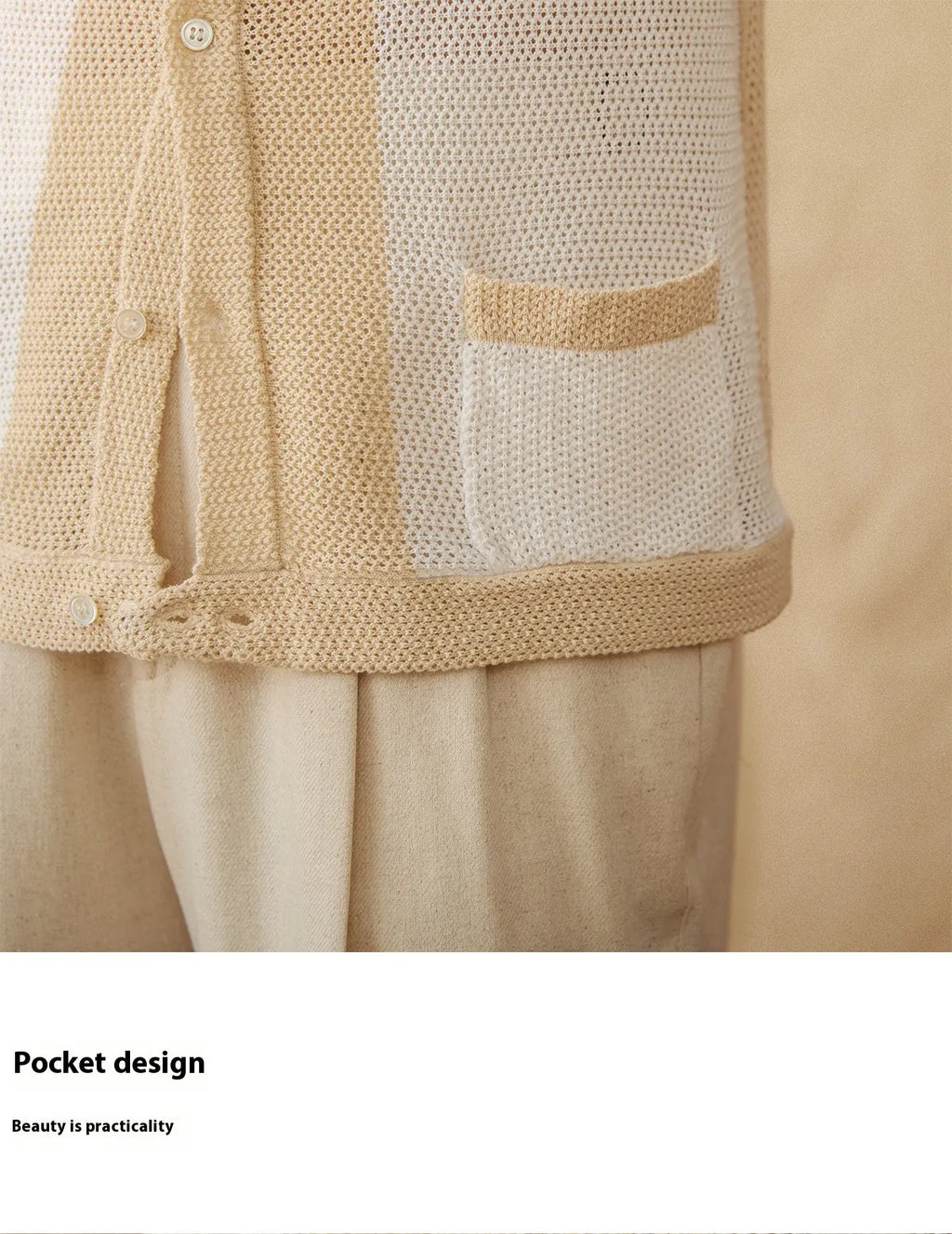 Beige short-sleeved knitted cardigan with lapel collar made from cotton linen blend fabric