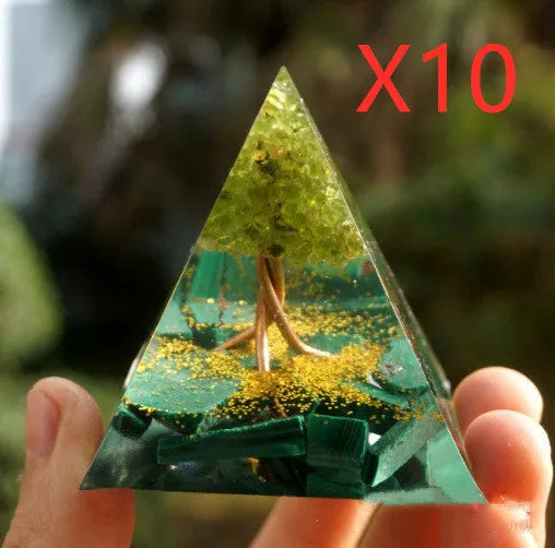 Clear epoxy resin pyramid ornament with embedded coloured crystal gravel inside, measuring 6cm.