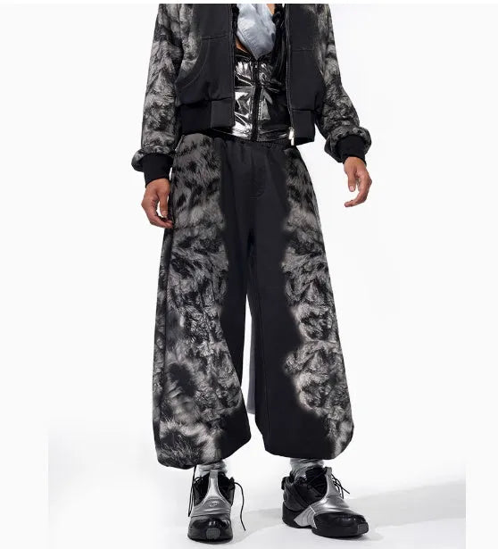Street trend loose fit printed polyester trousers and hoodie set shown in three colour options