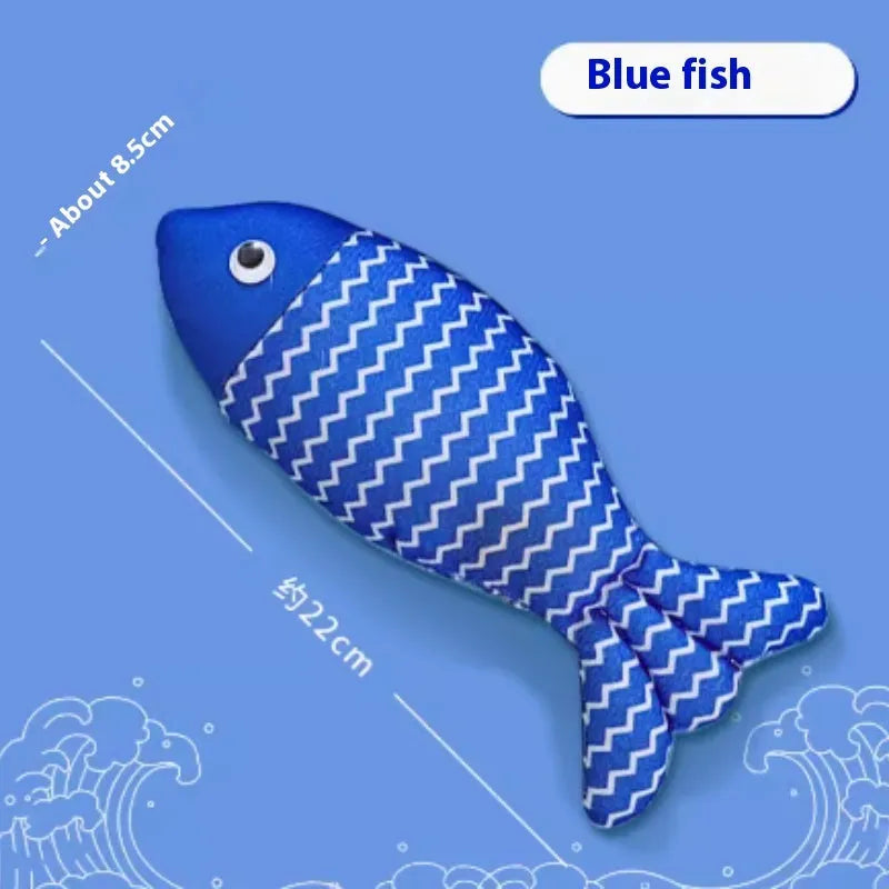 Catnip-filled fabric fish cat toy in blue, red, and yellow colour options