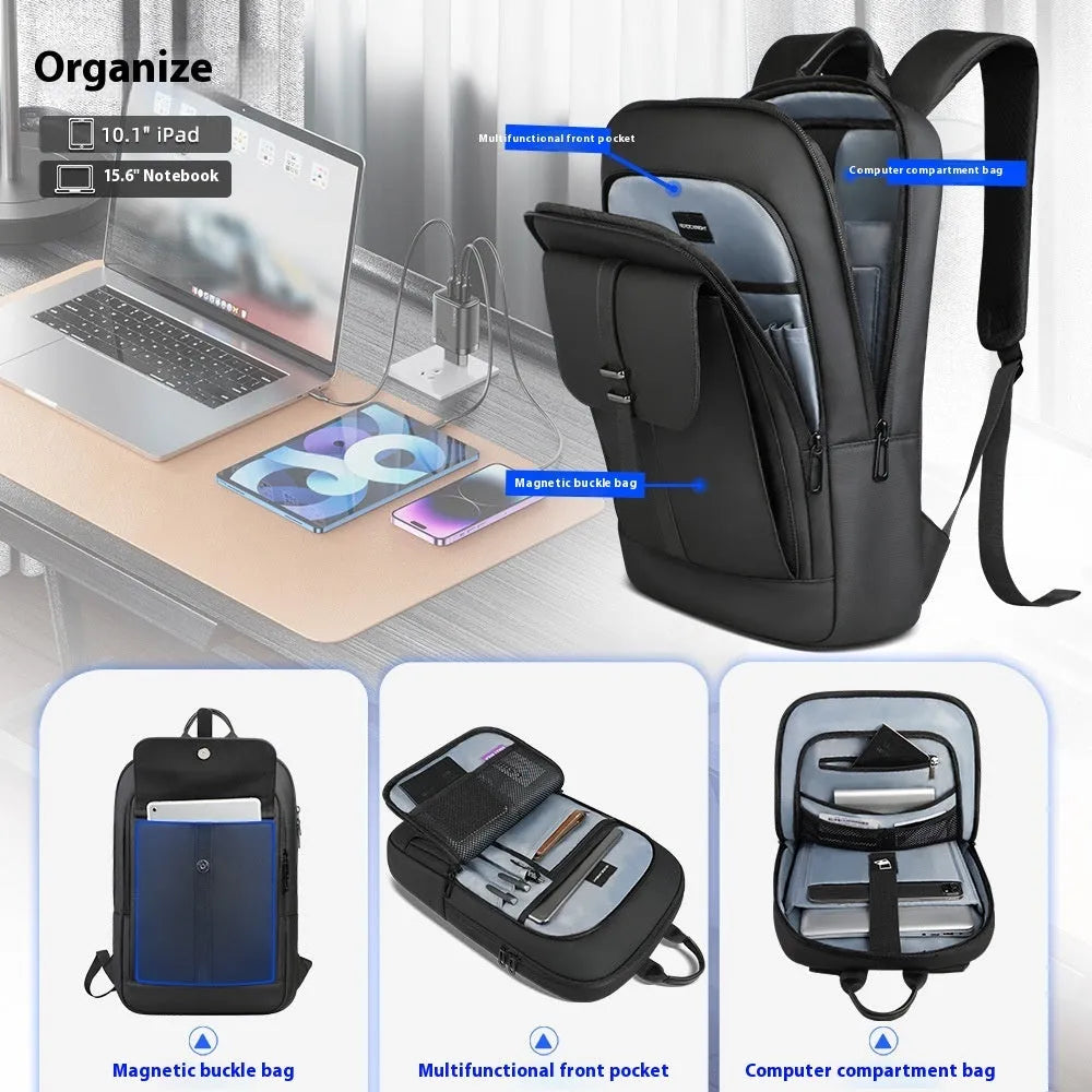 Black Oxford cloth lightweight backpack with sewing line detail for business commuting