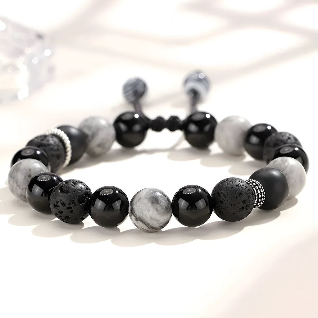 Black agate and volcanic rock diamond-shaped bracelet with electroplated finish