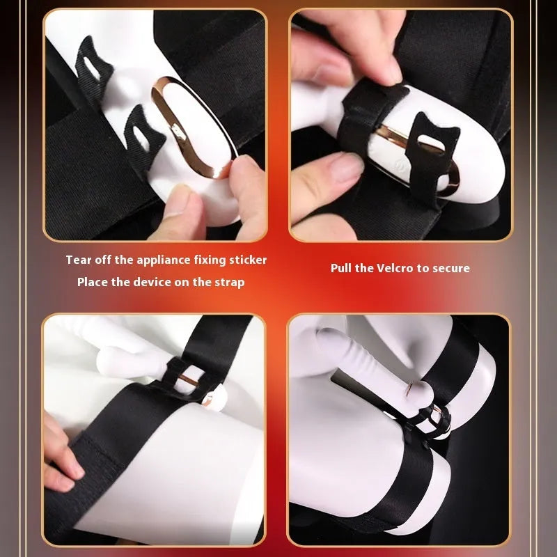 Black knitted belt strap sex toy laid flat, showing adjustable fastening mechanism.
