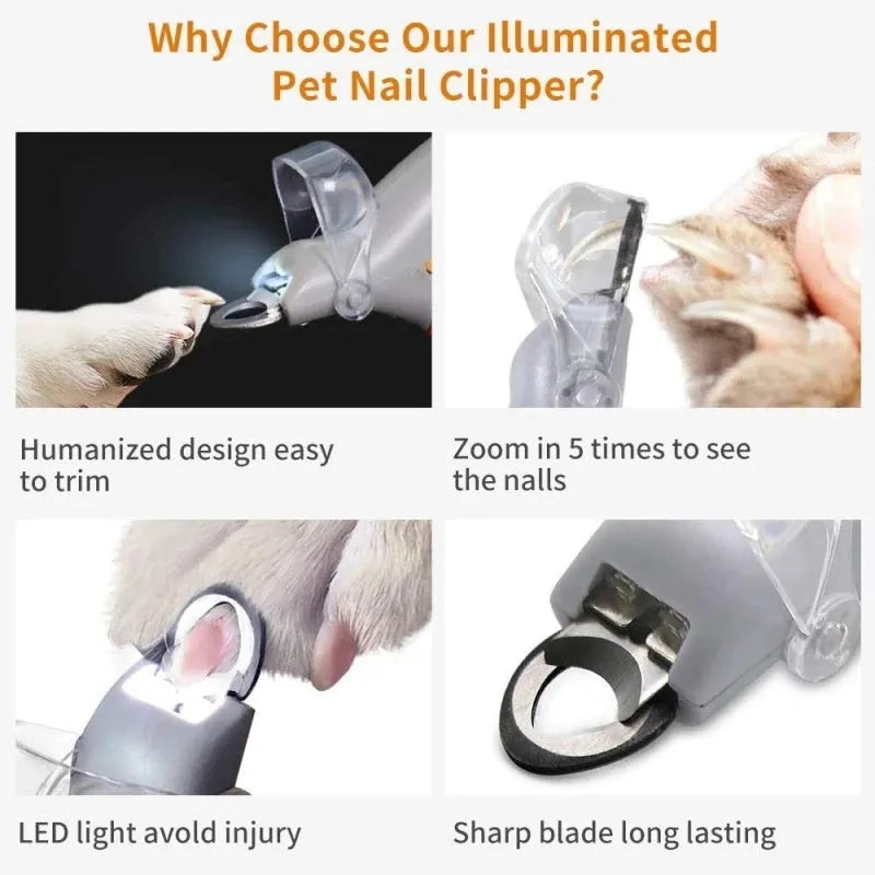 Yellow pet nail clipper with LED light and magnifying lens on a white background.