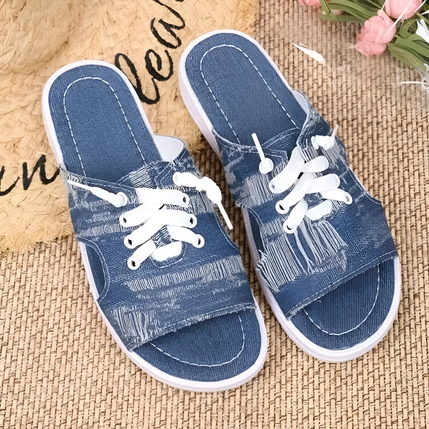 Blue Roman-style women's canvas slippers with rubber sole and cloth lining
