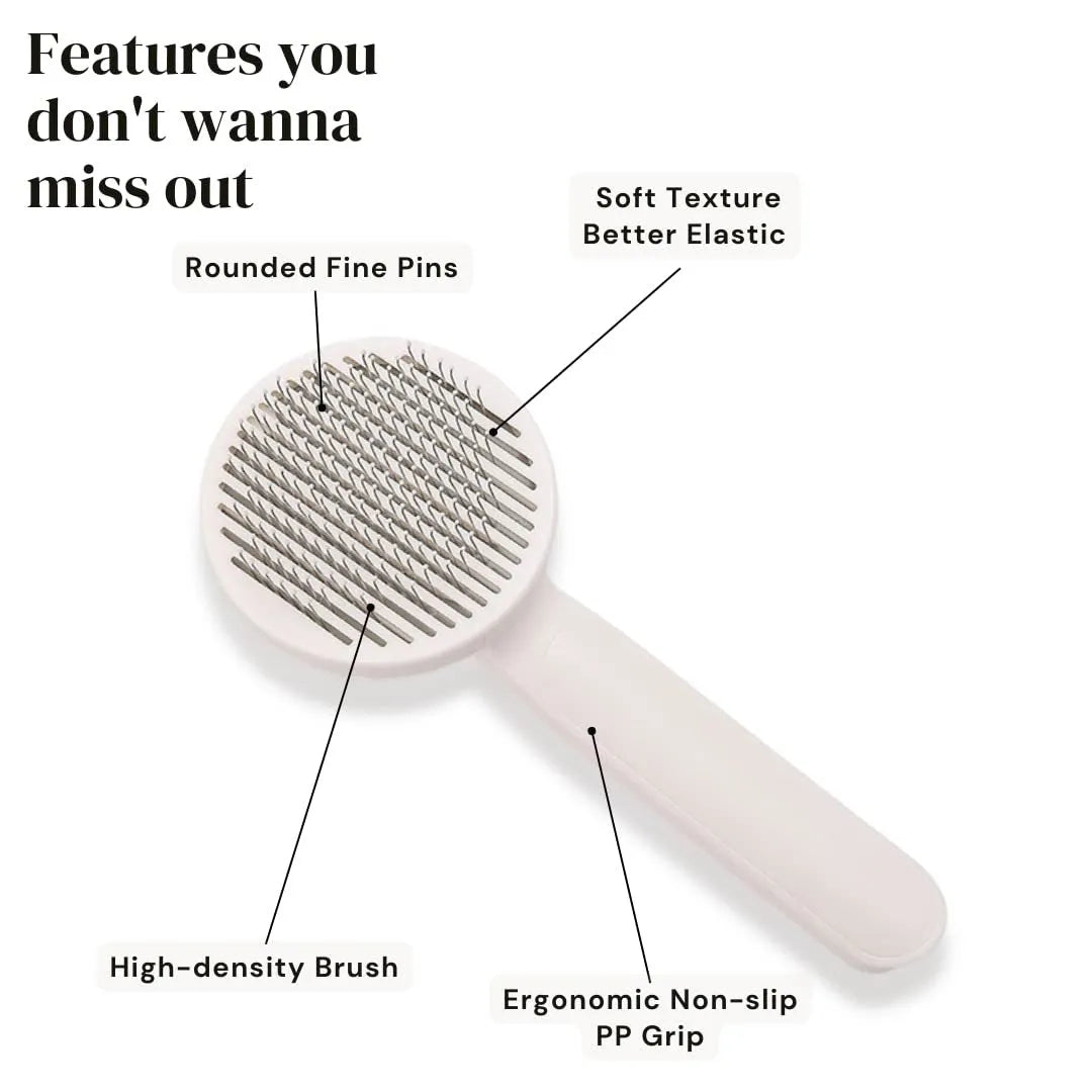 Blue grey pink self-cleaning slicker brush for dogs and cats with ergonomic handle