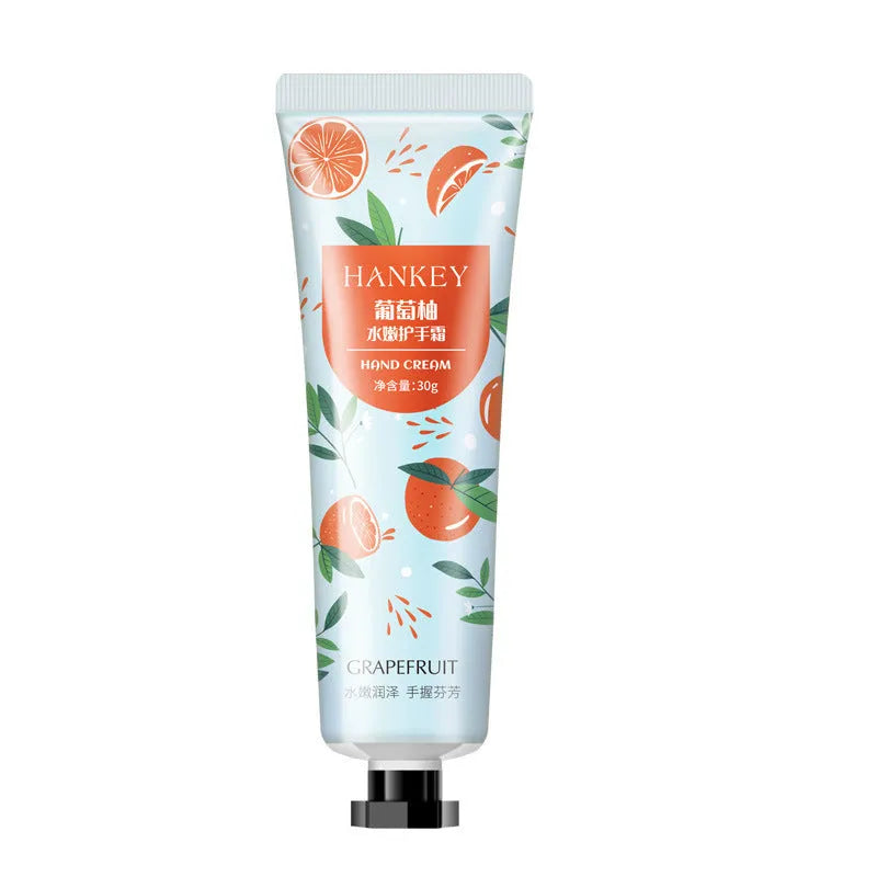30g tube of scented hand cream for dry skin, shown with choice of avocado, chamomile, and rose fragrances.