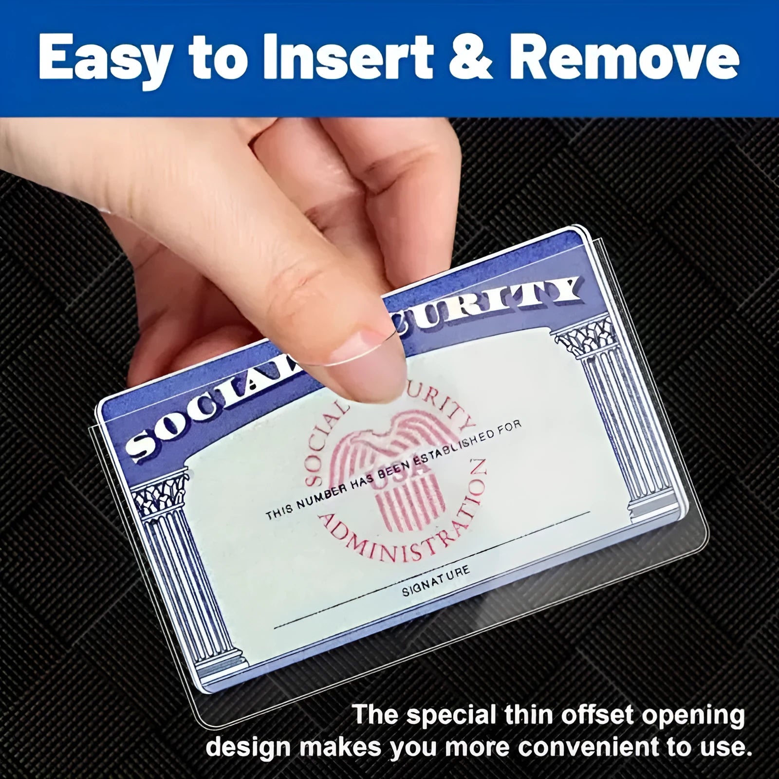 Clear transparent PVC card holder for social security and ID cards, size 9.7 by 5.9 centimetres.