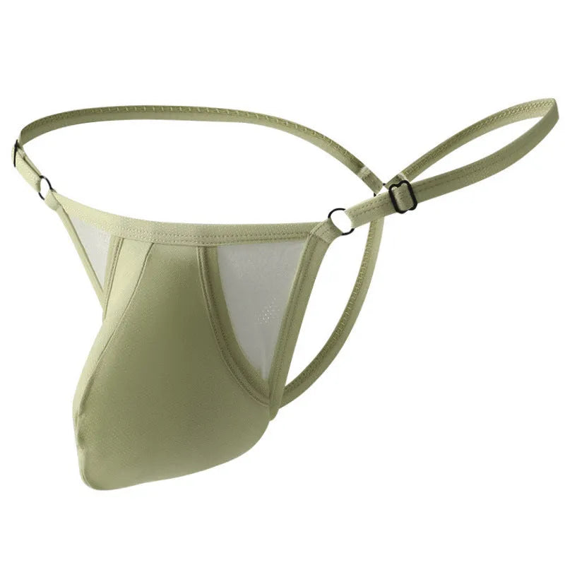 Men's ice silk T-back underwear with geometric pattern, thin adjustable straps, shown in army green colour.
