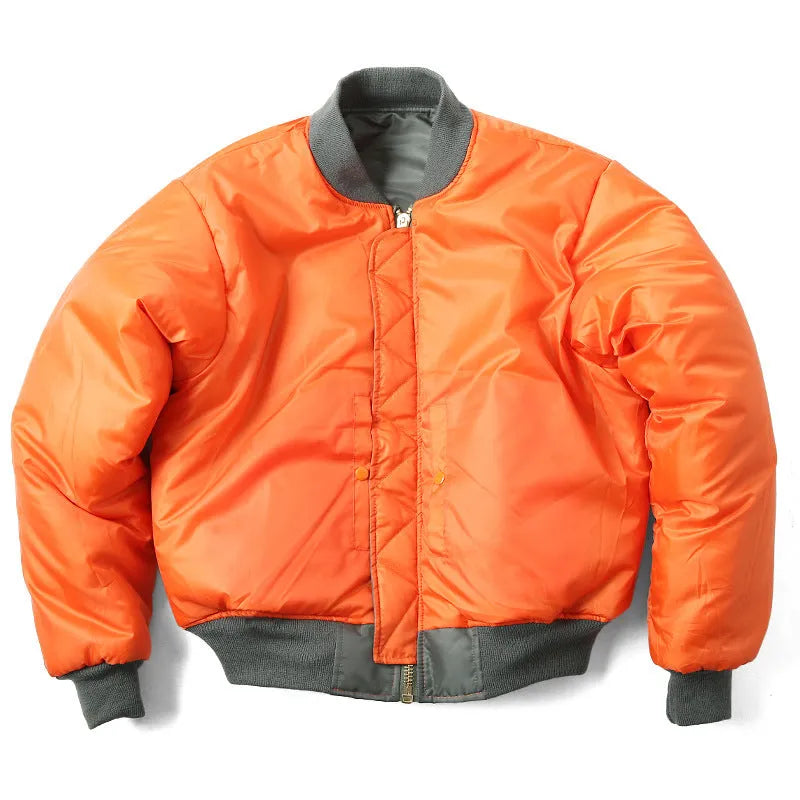 Men's loose fit cotton-padded nylon pilot jacket in army green on a hanger.