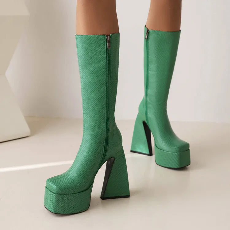 Women's casual high boots in black, red, blue and white colours with artificial PU upper