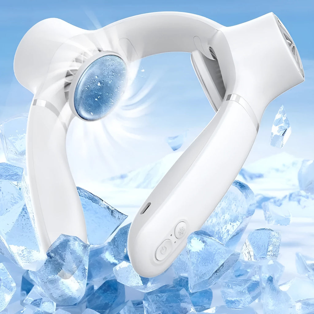 USB rechargeable hanging neck fan in white with three speed settings and compact 187.5mm size