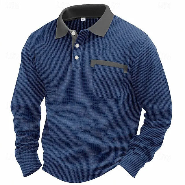 Men's long-sleeved waffle texture polo shirt with asymmetric design in available colours