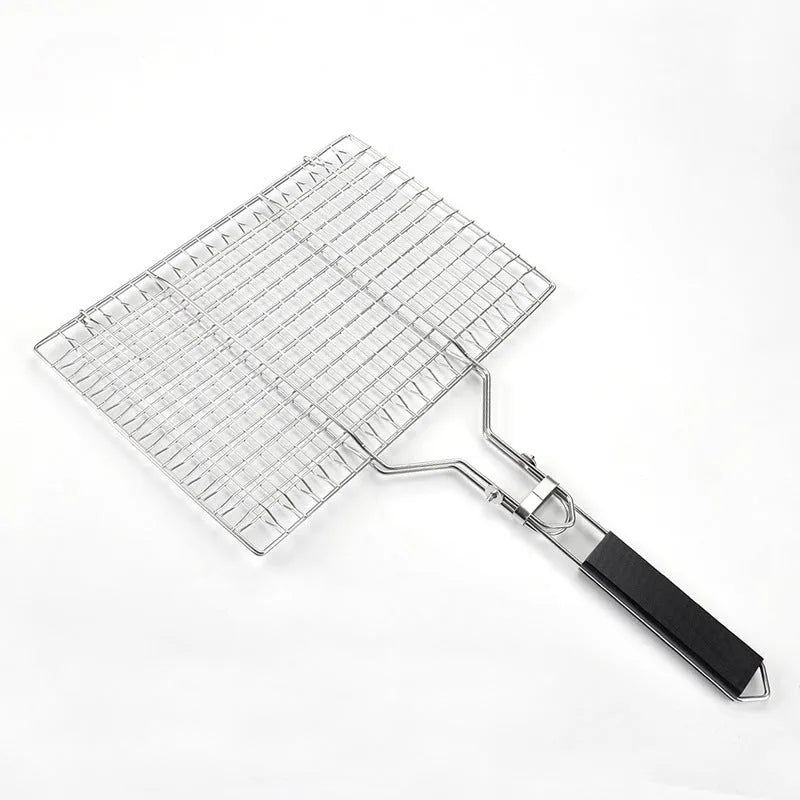 Square folding stainless steel wire barbecue grill mesh basket with a cleaning brush.