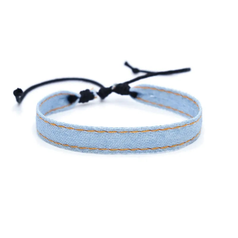 Denim fabric bracelet strap with leather adjustable cord in multiple colour options