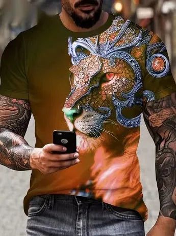 Men's black t-shirt with a fierce 3D lion head print on the front.