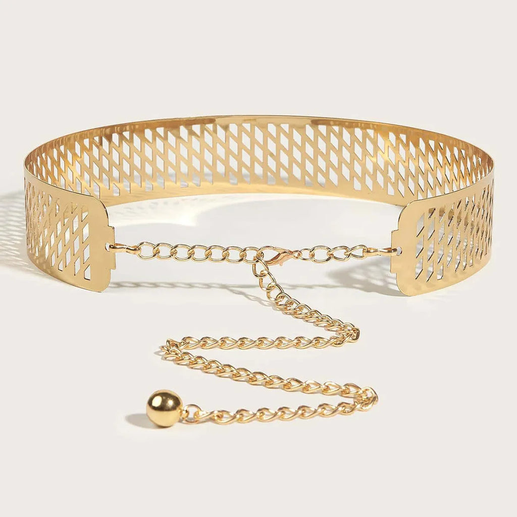 Gold iron waist belt with detailed lantern head pattern, showing alloy buckle and hook fastening.